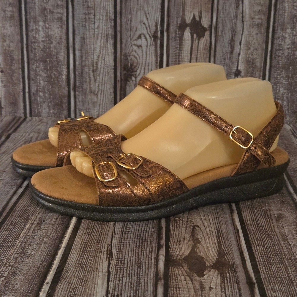 Sz 9.5 W Womens SAS Duo Bronze Metallic Leather Comfort Sandals Excellent